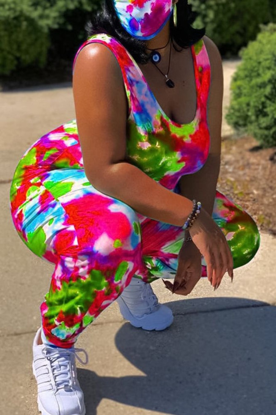 Jumpsuits & Rompers female | Plus Size Colorful Round Neck Jumpsuit