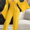 Jumpsuits & Rompers female | Trendy V-Neck Belted Ruched Wide Sleeves Wide Leg Jumpsuit