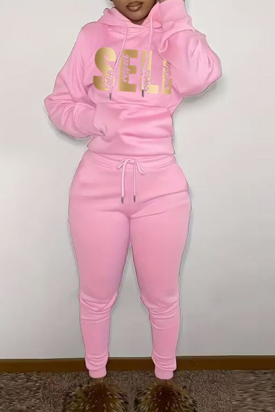 2-Pieces female | Casual Hot Stamping Letter Hooded Sweatshirt Two-Piece Set Pink