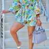 2-Pieces female | Fashion Print Off Shoulder Long Sleeve T-Shirt Shorts Two-Piece Set Multicolor