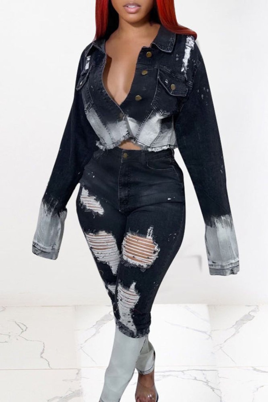 Tops & Outerwear female | Trendy Long Sleeve Lapel Gradient Hole Denim Short Jacket Black