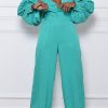 Jumpsuits & Rompers female | Simple Single Breasted Puff Sleeve Wide Leg Jumpsuit Wathet Blue