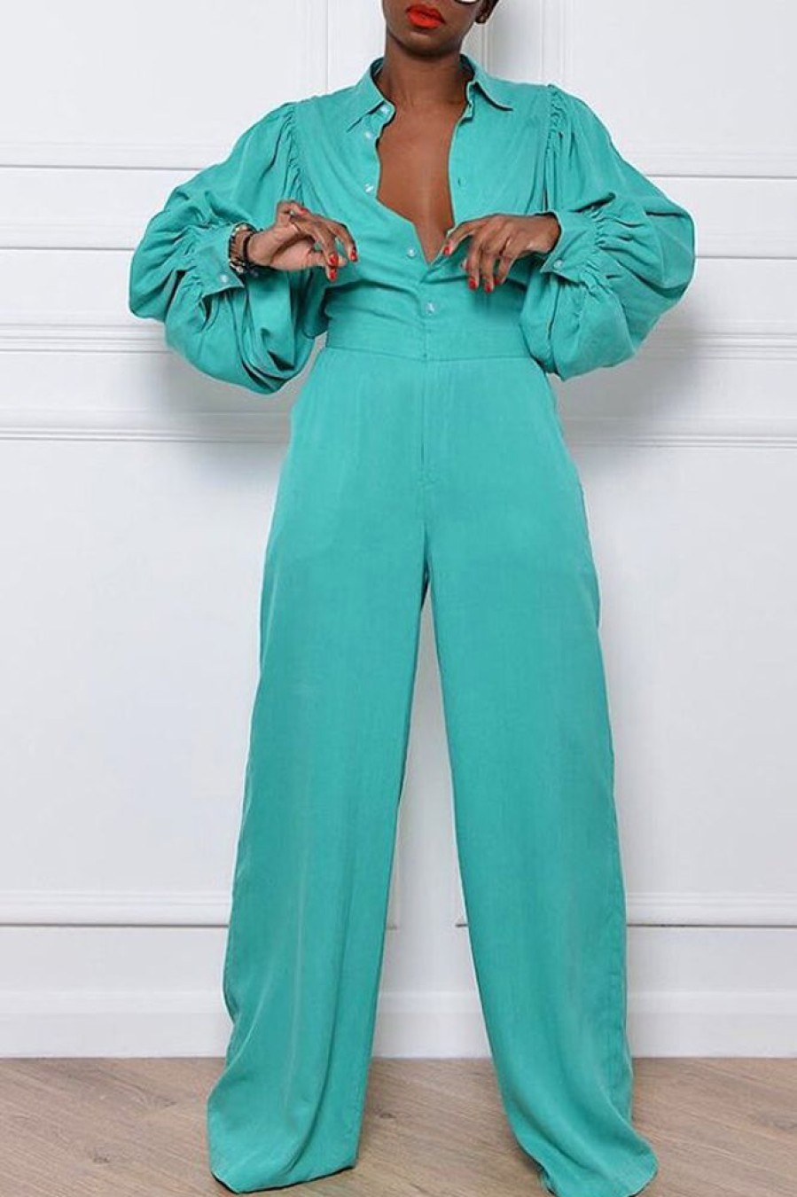 Jumpsuits & Rompers female | Simple Single Breasted Puff Sleeve Wide Leg Jumpsuit Wathet Blue