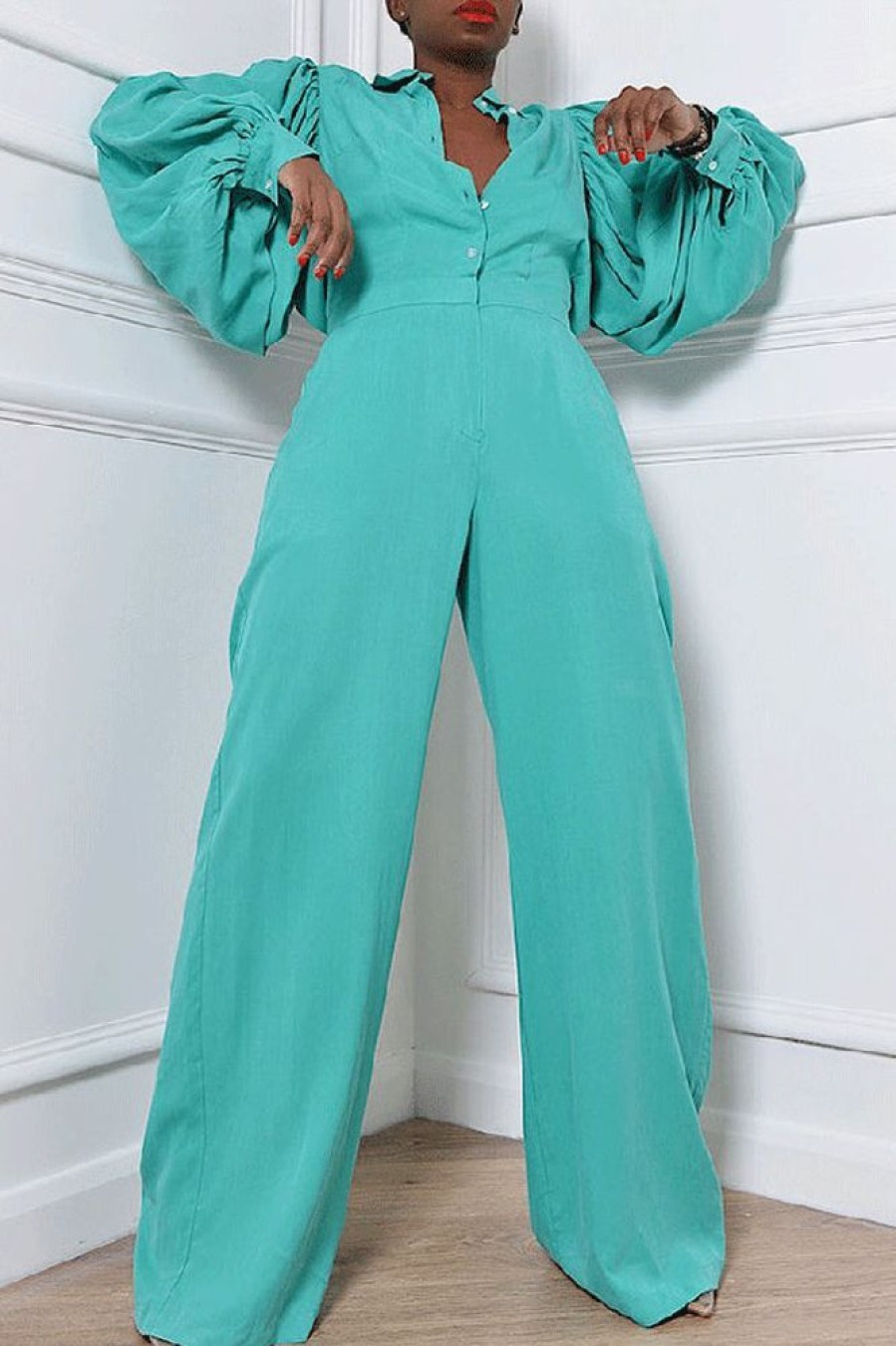 Jumpsuits & Rompers female | Simple Single Breasted Puff Sleeve Wide Leg Jumpsuit Wathet Blue