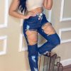 Bottoms female | Casual Fashion Ripped Strap Jeans Blue