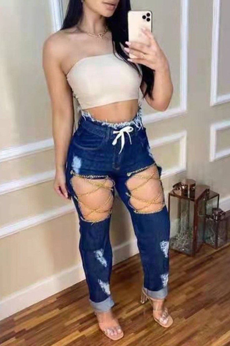 Bottoms female | Casual Fashion Ripped Strap Jeans Blue