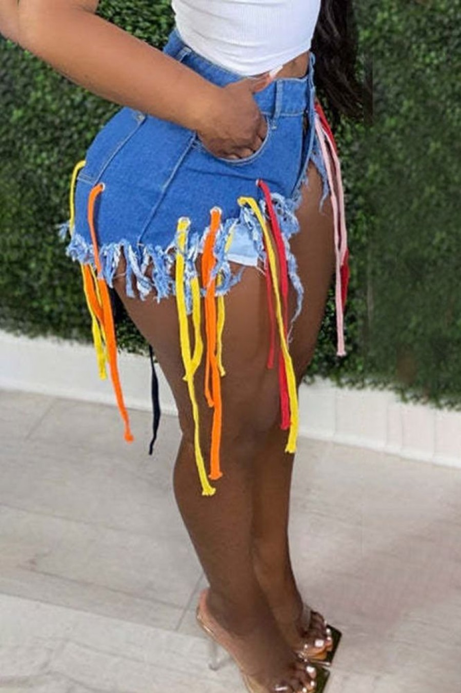 Bottoms female | Sexy Eyelet Colorful Rope Statement Fringe Denim Shorts Blue