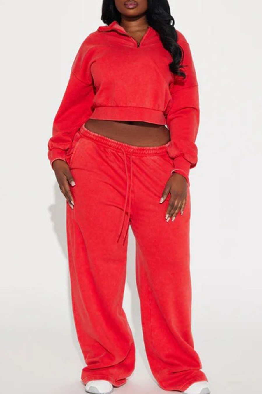 2-Pieces female | Fashionable Casual Zipper Pullover Waist Sweatshirt Set Red