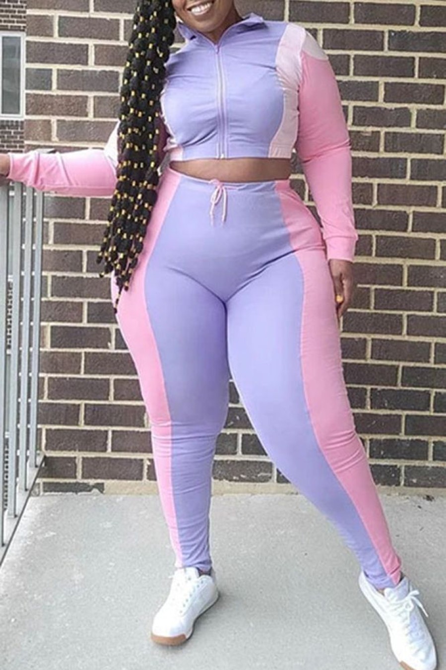 2-Pieces female | Plus Size Fashion Zipper Contrast Color Stitching Two-Piece Suit Pink