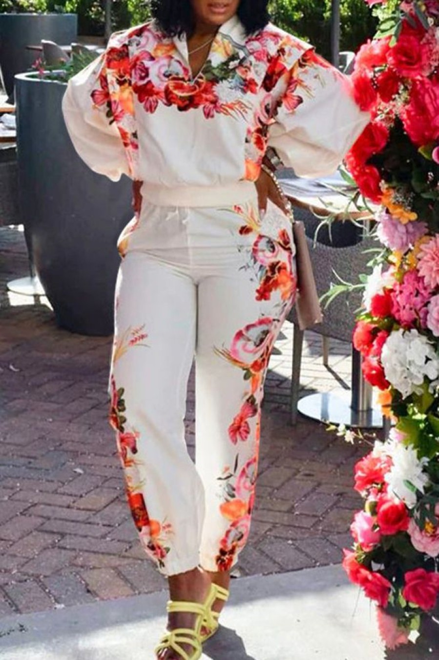 2-Pieces female | Fashion Explosive Printed Long-Sleeved Trousers Casual Sports Suit White