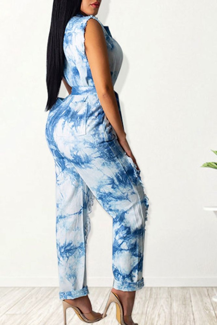 Jumpsuits & Rompers female | Sexy Ripped Sleeveless Tie-Dye Jumpsuit (With Belt)