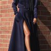 2-Pieces female | Fashionable Casual Hooded Sweatshirt High Waist Slit Skirt Suit Navy Blue