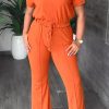 2-Pieces female | Casual Short Sleeve Drawstring Solid Color Top Slim-Fit Pant Suits