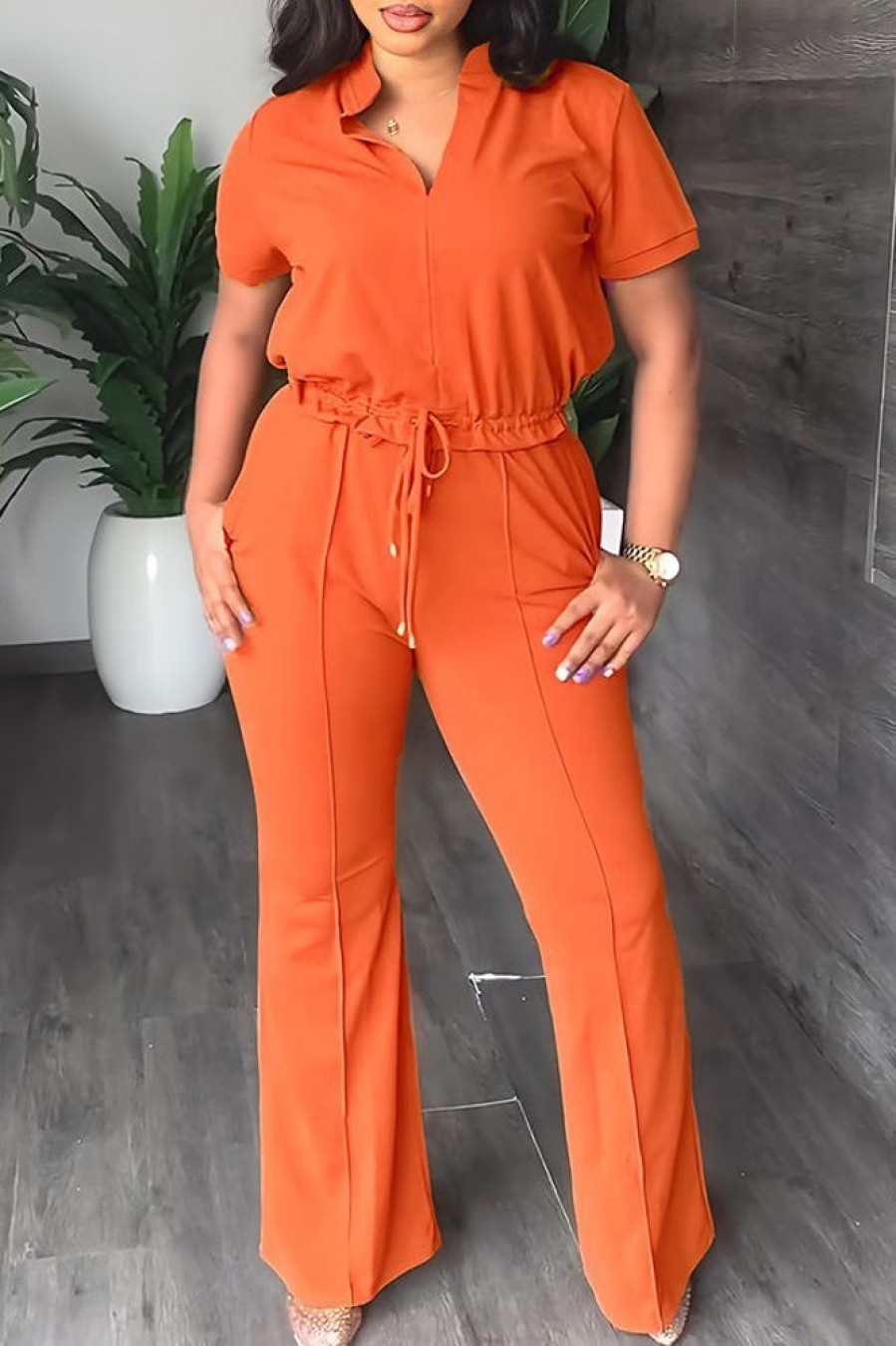 2-Pieces female | Casual Short Sleeve Drawstring Solid Color Top Slim-Fit Pant Suits