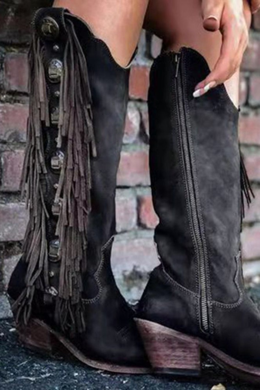 Accessories female | Bohemian Suede Fringed Zipper Mid-Heeled Boots