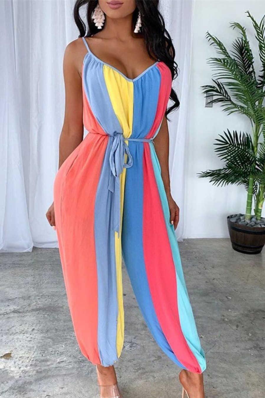 Jumpsuits & Rompers female | Fashion Casual Rainbow Striped Suspender Jumpsuit (With Belt)