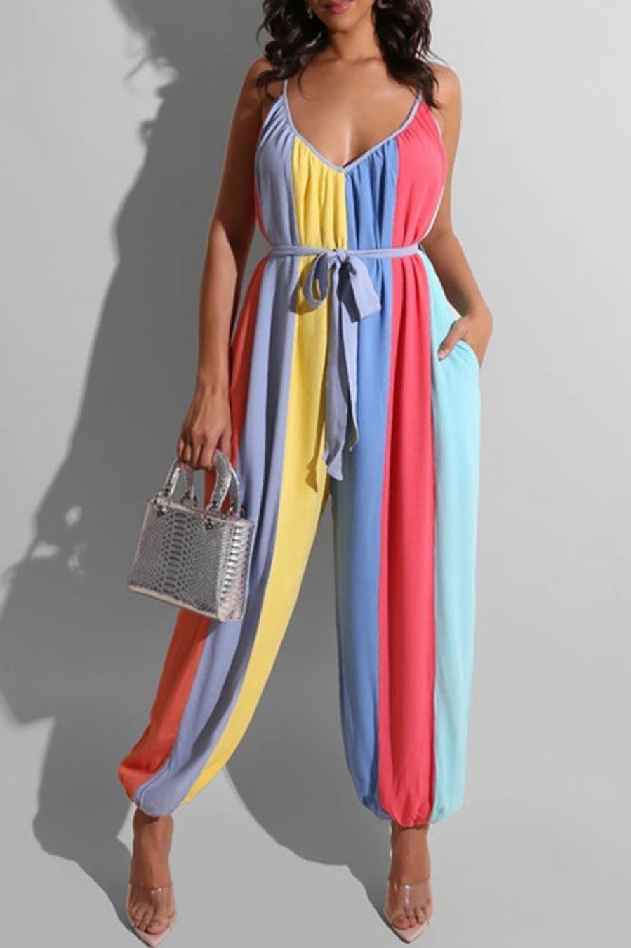 Jumpsuits & Rompers female | Fashion Casual Rainbow Striped Suspender Jumpsuit (With Belt)