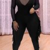 Jumpsuits & Rompers female | Sexy See Through Mesh Stitching Long Sleeve Tassels Slim Fit Jumpsuits Black