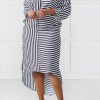 Dresses female | Asymmetrical V-Neck Long Sleeve Striped Midi Dress Black