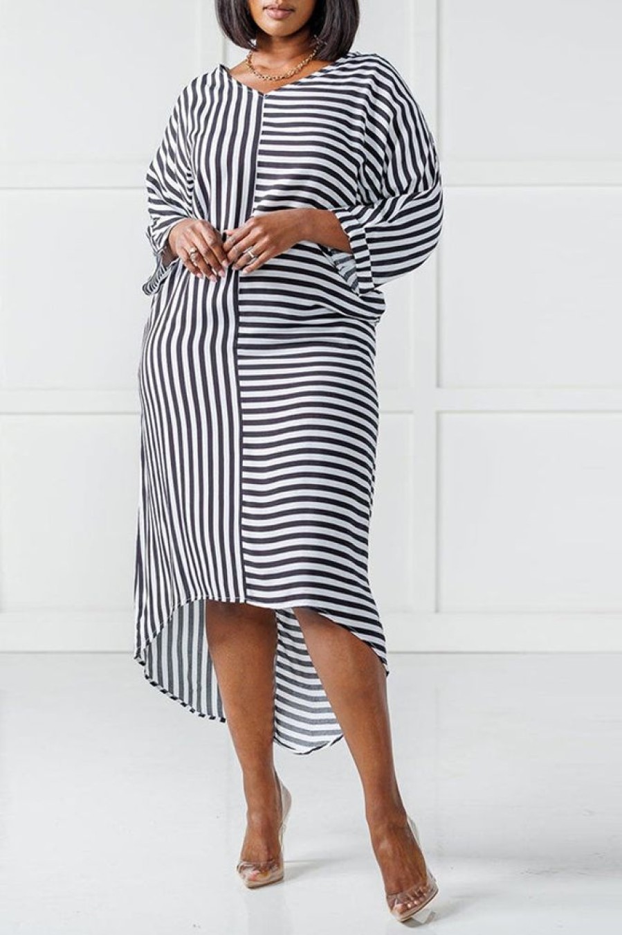 Dresses female | Asymmetrical V-Neck Long Sleeve Striped Midi Dress Black