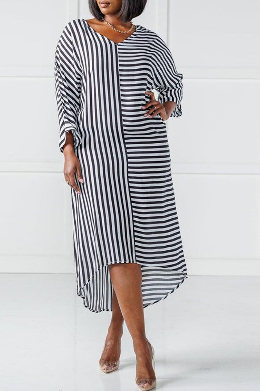 Dresses female | Asymmetrical V-Neck Long Sleeve Striped Midi Dress Black