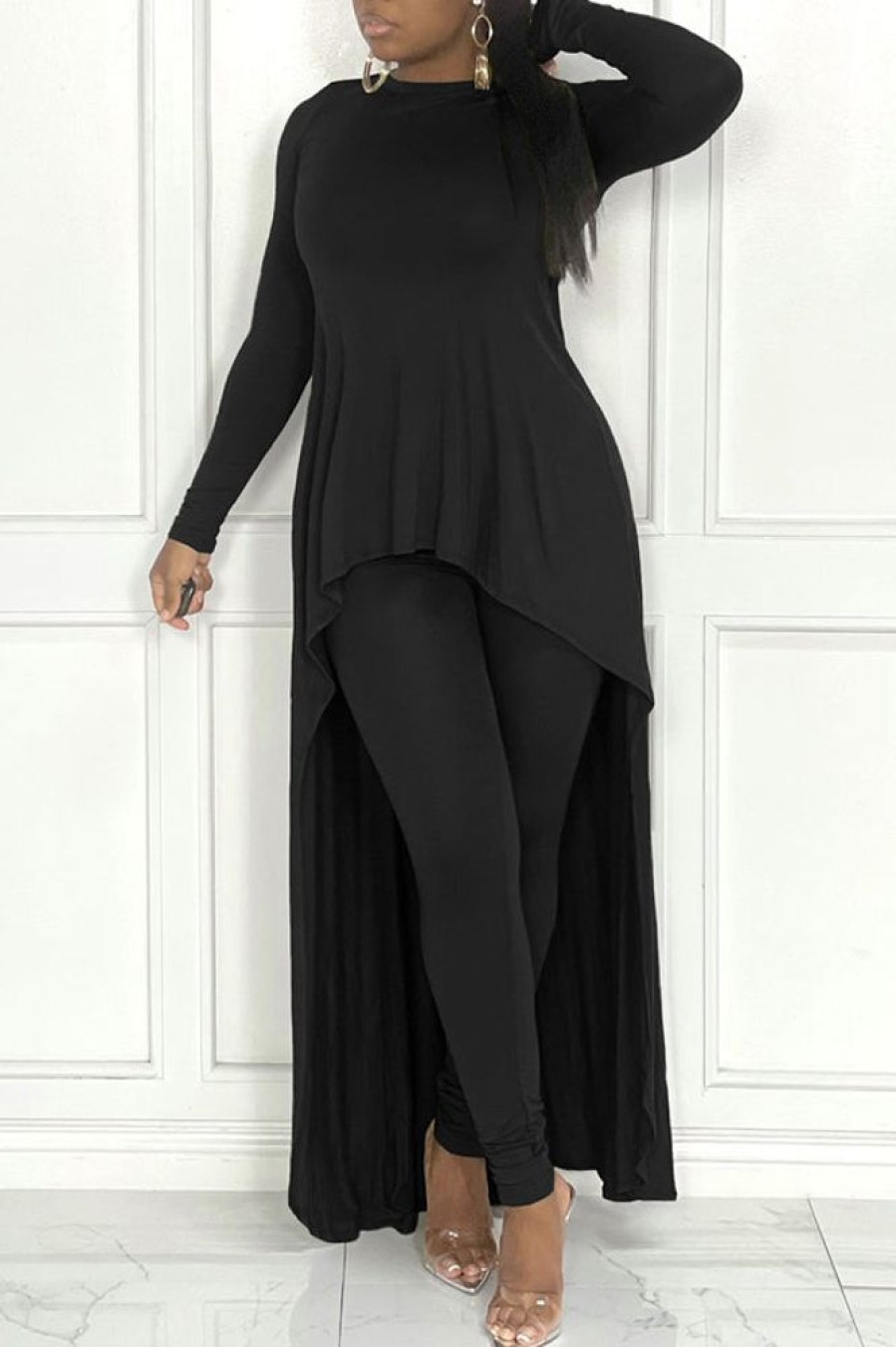 2-Pieces female | Solid Asymmetrical Long Sleeve 2 Piece Pants Set