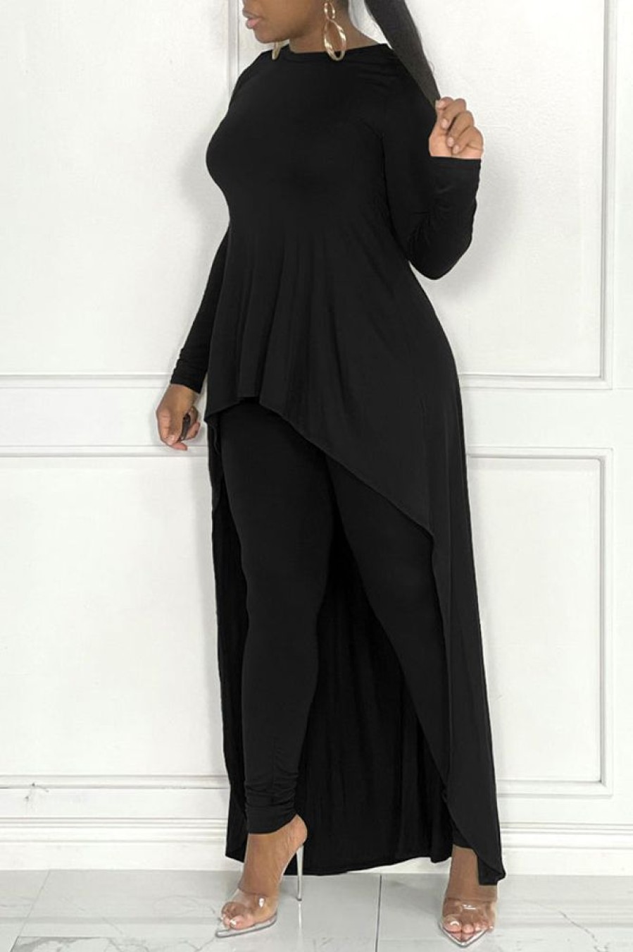 2-Pieces female | Solid Asymmetrical Long Sleeve 2 Piece Pants Set