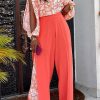 2-Pieces female | Temperament Print Slit Round Neck Blouse Print Patchwork Wide-Leg Pant Suits Orange