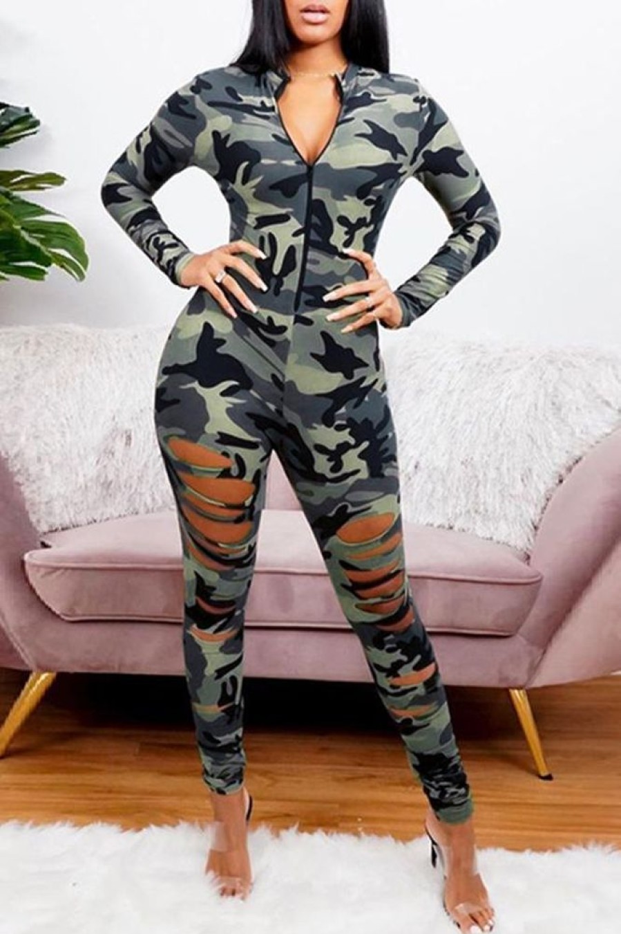 Jumpsuits & Rompers female | Casual Camouflage Ripped Zipper Jumpsuit Army Green