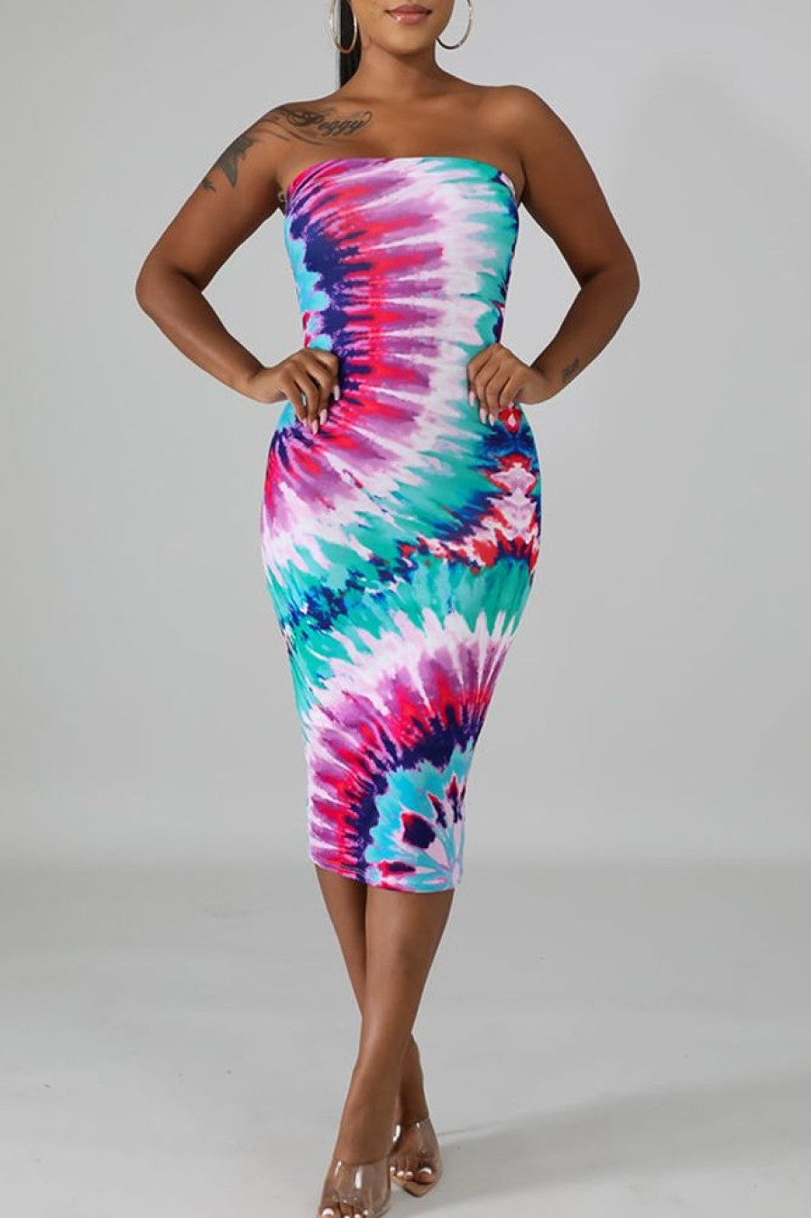 Dresses female | Sexy Bandeau Tie Dye Print Tight Midi Dress Pink