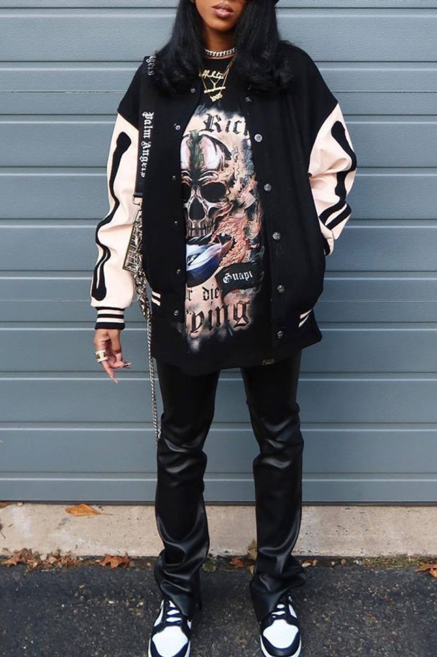 Tops & Outerwear female | Trendy Skull Print Long Sleeve Baseball Jacket Black