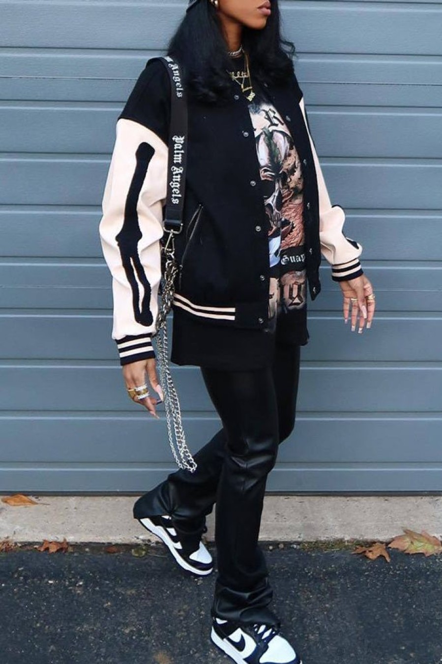 Tops & Outerwear female | Trendy Skull Print Long Sleeve Baseball Jacket Black