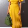 Dresses female | Commuter V-Neck Ruffle Short Sleeve Plus Size Pleated Midi Dress