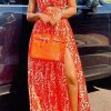 Dresses female | Printed Sleeveless Wrap Chest Strap High Waist Slit Maxi Dress