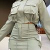 2-Pieces female | Fashion Lapel Solid Color Drawstring Jacket Pocket High Waist Short Skirt Suits Light Green