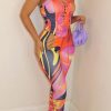 Jumpsuits & Rompers female | Fashion Sexy Abstract Print Tie Wrap Chest Sleeveless Jumpsuit Multicolor