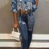 Tops & Outerwear female | Tassel Ripped Cropped Chain Long Sleeve Denim Jacket Blue