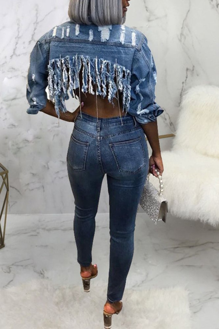 Tops & Outerwear female | Tassel Ripped Cropped Chain Long Sleeve Denim Jacket Blue