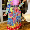 Dresses female | Fashion Print Long Sleeve Shirt Collar Pleated Plus Size Midi Dress Pink