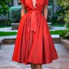 Dresses female | Solid Shirt Collar Button Tie Waist Midi Dress