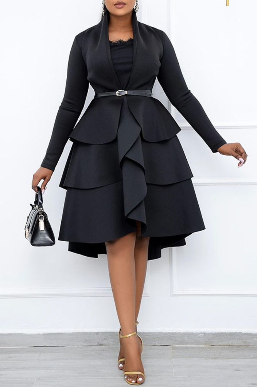 Dresses female | Elegant Solid Color Long Sleeved Ruffled Plus Size Midi Dress