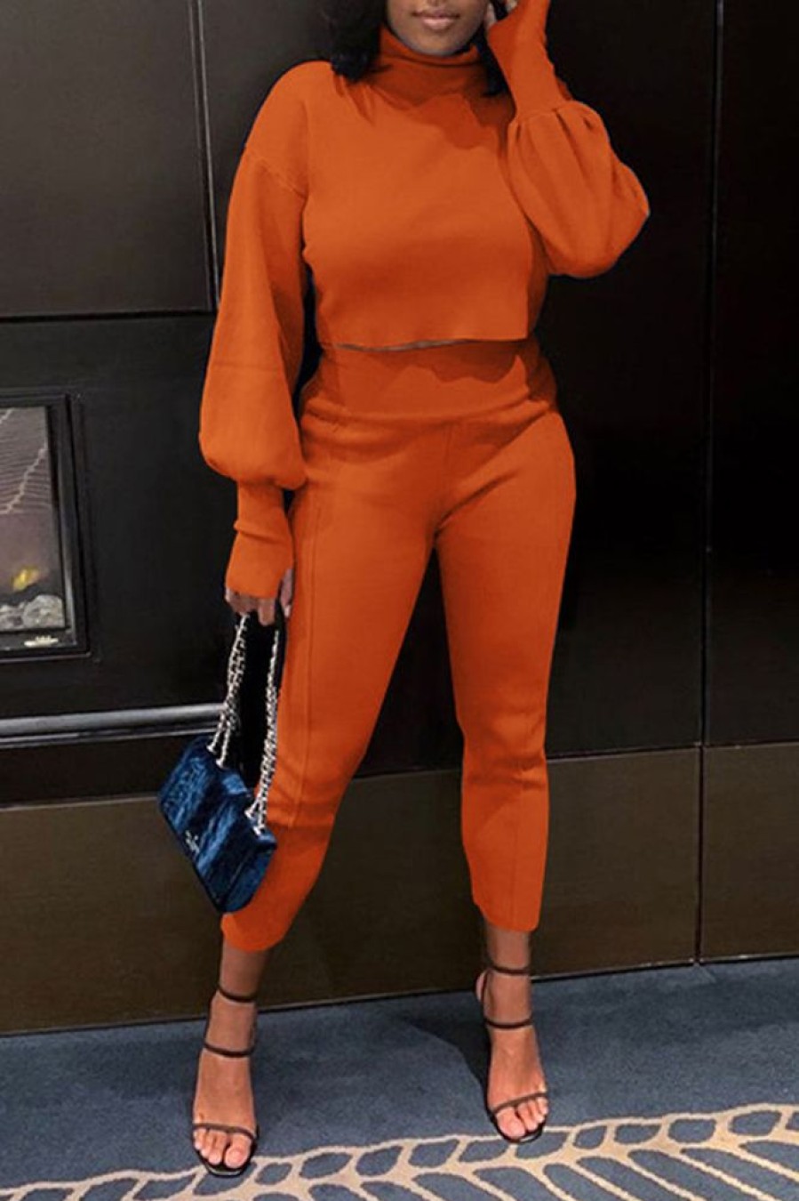 2-Pieces female | Temperament High Neck Long Sleeve Solid Color Short Pant Suits