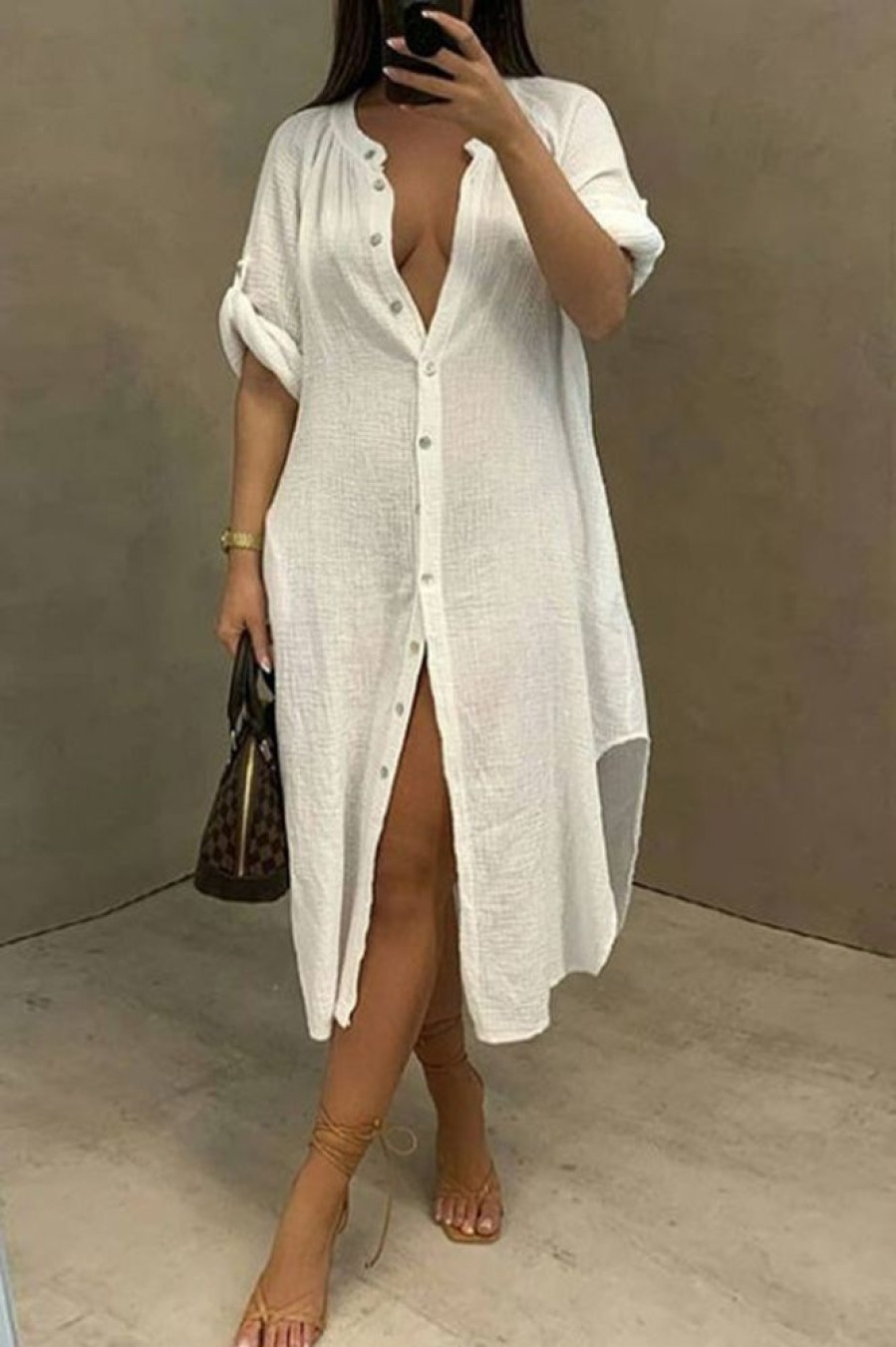 Dresses female | Fashion Casual Split Shirt Midi Dress