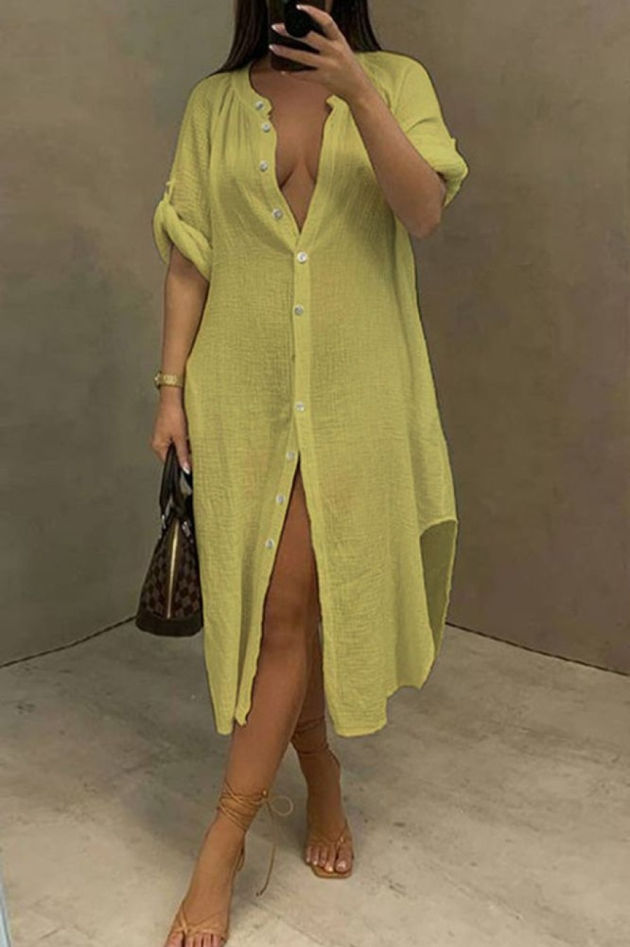 Dresses female | Fashion Casual Split Shirt Midi Dress