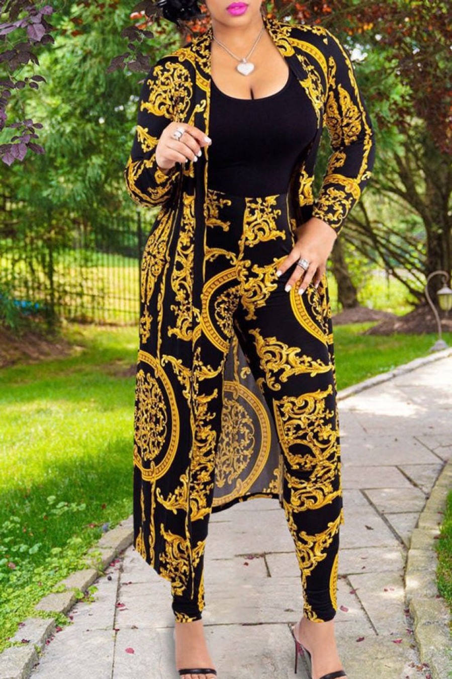 2-Pieces female | Commuter Print Long Sleeved Long Cardigan Slim Fit Pant Suits