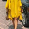 Dresses female | Pretty Round Neck Ruffle Sleeve Bat Dress Yellow