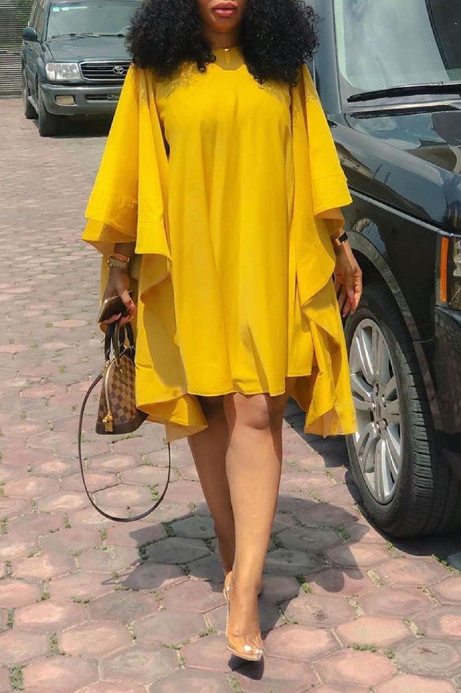 Dresses female | Pretty Round Neck Ruffle Sleeve Bat Dress Yellow