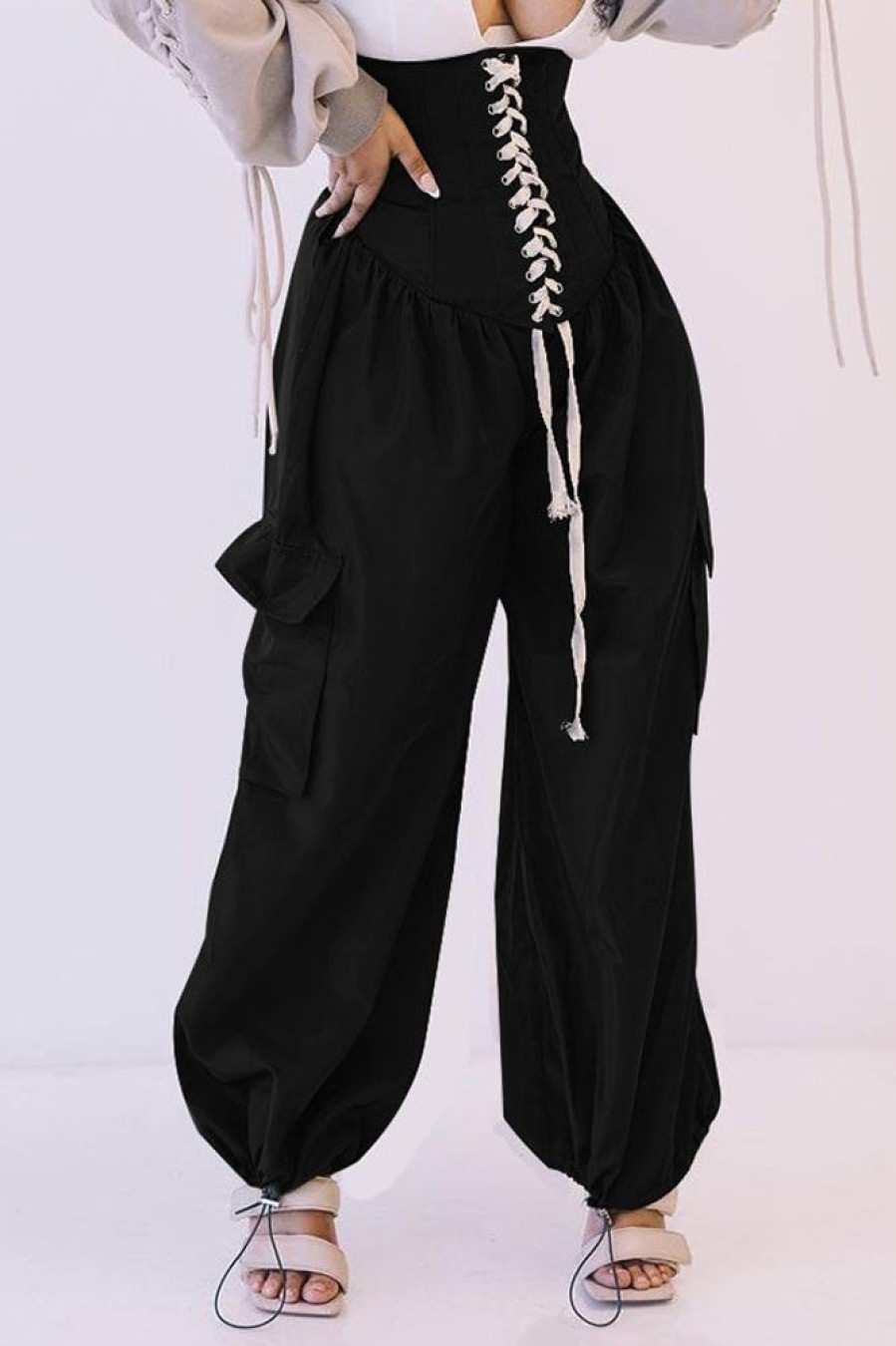 Bottoms female | Chic High Rise Eyelet Lace Up Side Pocket Pants Black