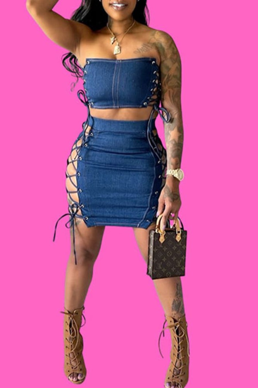 2-Pieces female | Chic Strapless Lace Up Denim Short Skirt Set