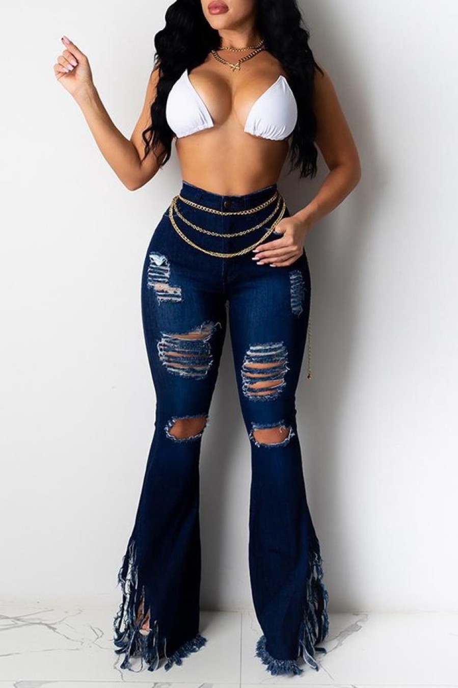 Bottoms female | Fashion Mid Waist Tassel Ripped Bootcut Jeans